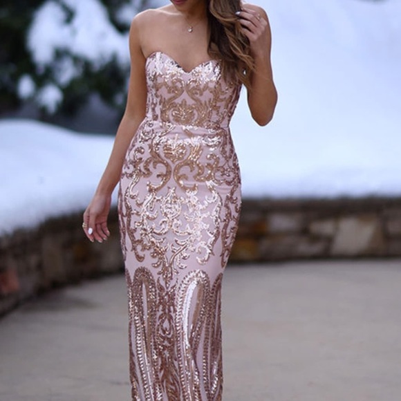 rose gold strapless prom dress